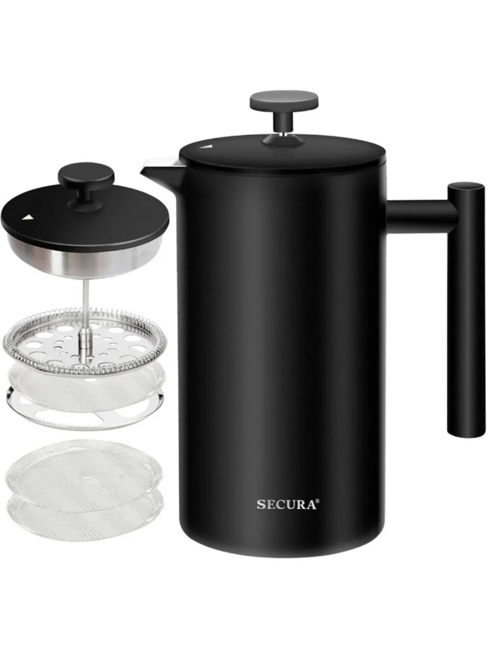 Insulated French Press Coffee Maker - 34oz Stainless Steel, 2 Extra Screens